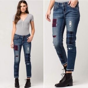 Miss Me Blue Patchwork Ankle Jeans, Women's 28. Distressed. Mid Rise